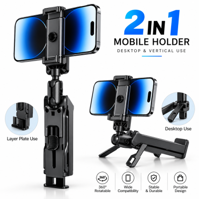 Multifunctional Portable Phone Holder & Tripod – 3-in-1 Versatile Desktop Stand & Table Clamp Mount with 360° Adjustable Rotation for Travel, Live Streaming & Vlogging